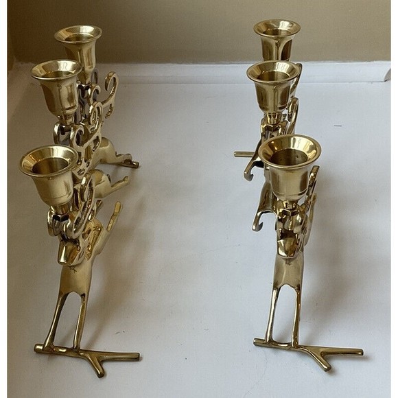 Polished Brass Reindeer 3 Pillar Candleholder Candelabra Vintage- Set Of 2 - Picture 2 of 10